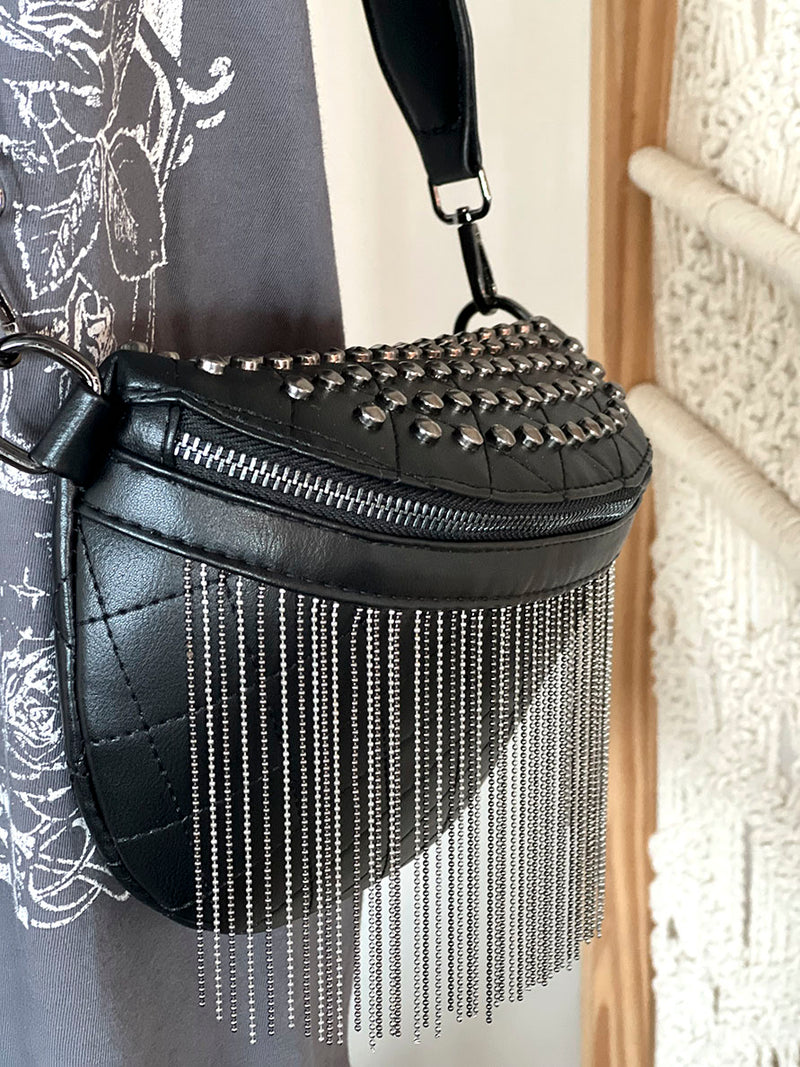 Just Vibin’ Black Studded Fringe Crossbody Bum Bag