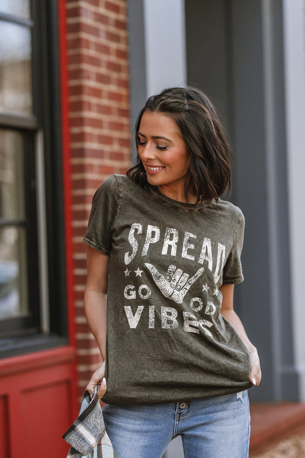Spread Good Vibes Mineral Wash Graphic Tee- Olive