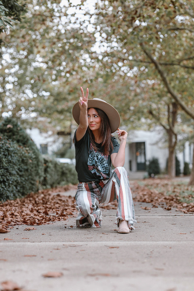 Moody Vibes Stripped Boho Bell Bottoms- Rust *RESTOCKED*