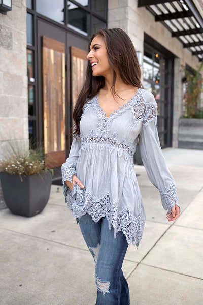 Brinley Bell Sleeve Tunic Top with Crochet Detailing - Grey – Wild Dreamer