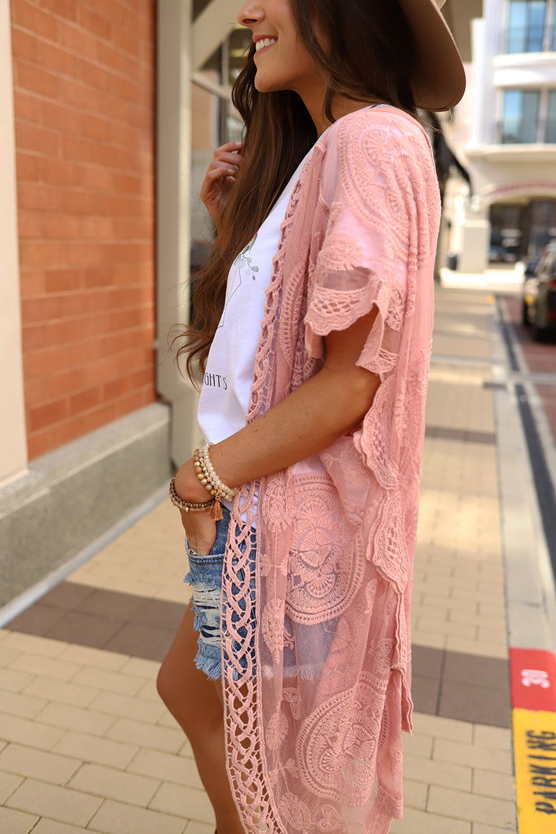 Boho Beautiful Lace Crochet Mandala Kimono - Blush