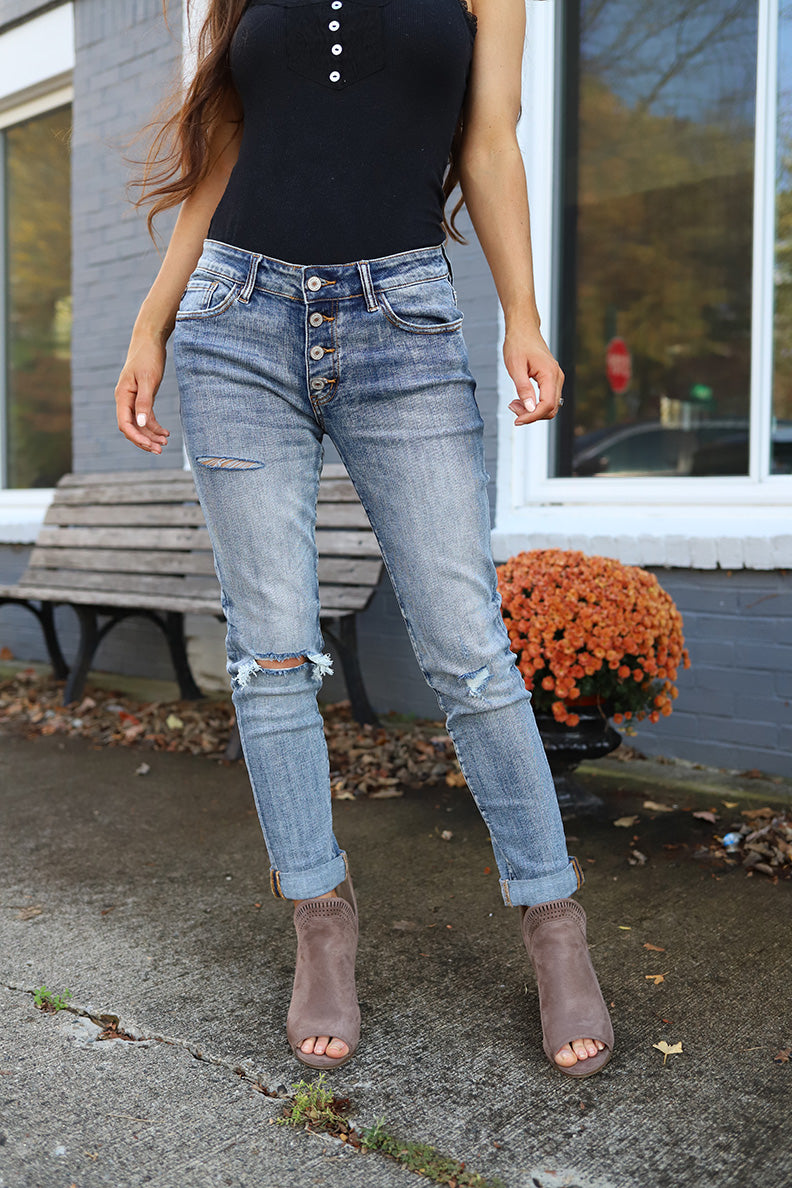 So Torn Mid-Rise Button Fly Distressed Girlfriend Jeans
