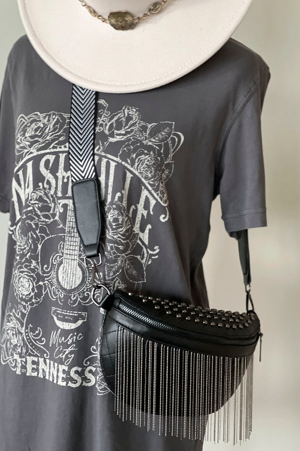 Just Vibin’ Black Studded Fringe Crossbody Bum Bag