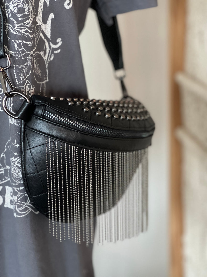 Just Vibin Black Studded Fringe Crossbody Bum Bag Wild Dreamer