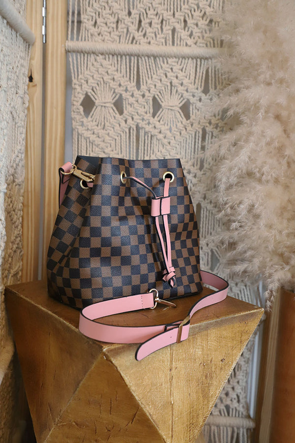 The Luxe Checkered Bucket Bag - Brown