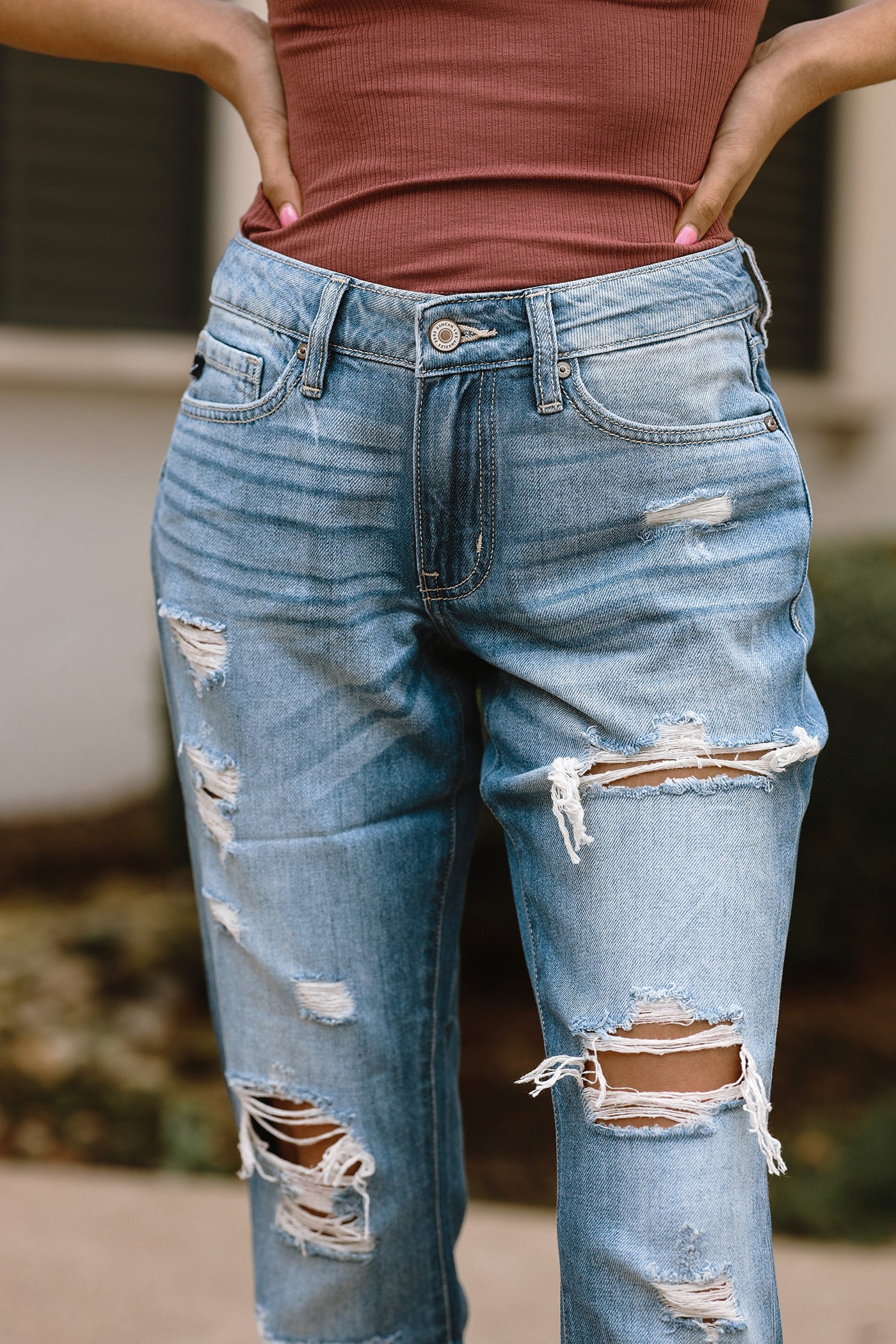 On Your Mind Distressed Boyfriend Mid-Rise Denim- Medium