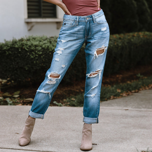 【DEARMINE】Dear Teen Mufa Jean On Your Mind Distressed Boyfriend Mid-Rise Denim- Medium