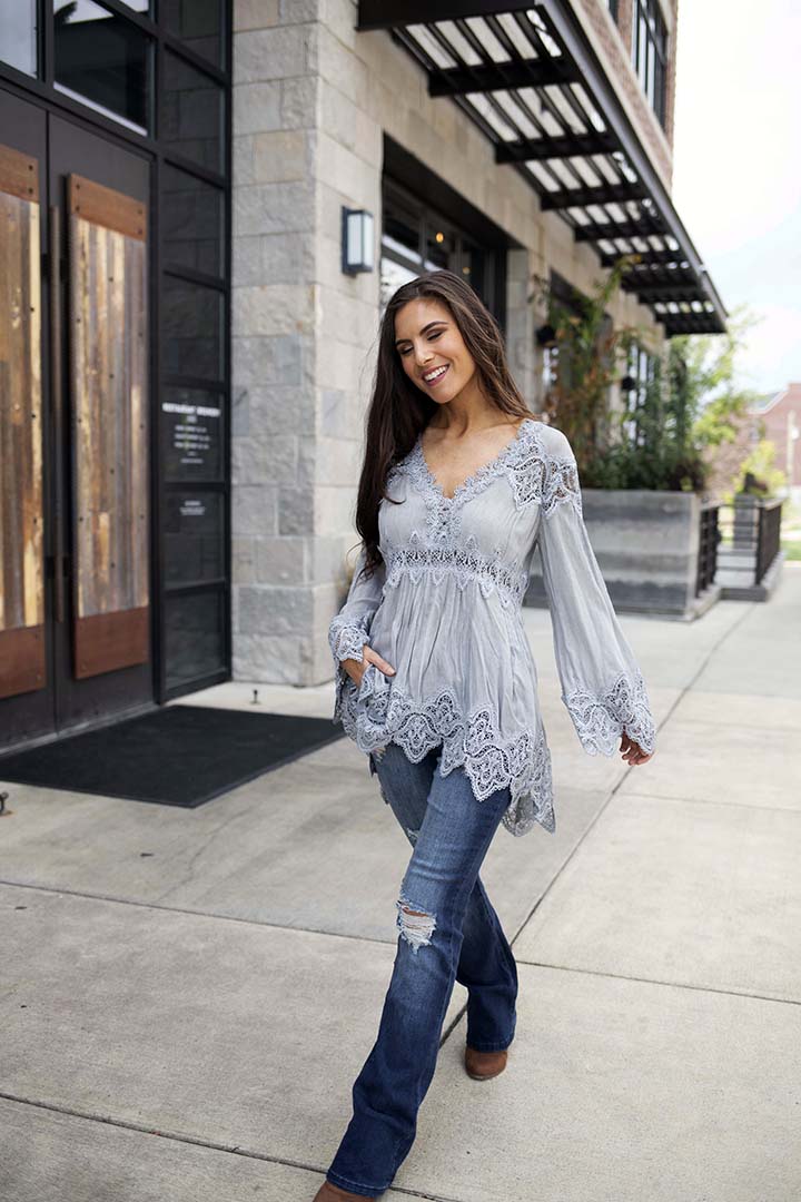 Brinley Bell Sleeve Tunic Top with Crochet Detailing - Grey - Barefoot Dreamer