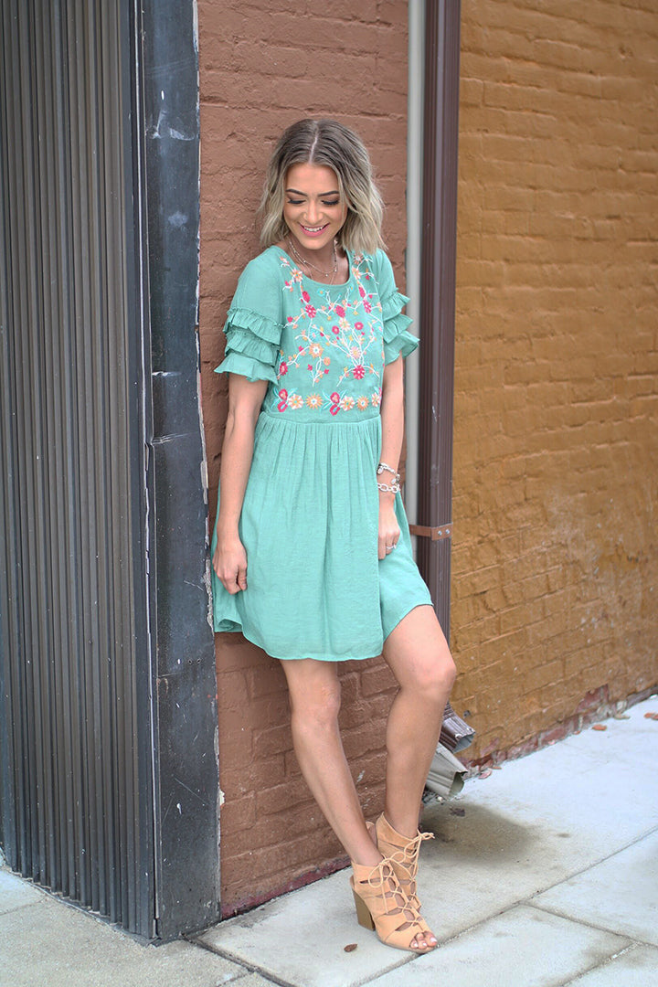 Darya Embroidered Dress  - Sage - Barefoot Dreamer