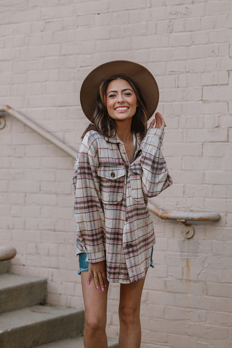 Falling For You Plaid Flannel Shacket - Pink