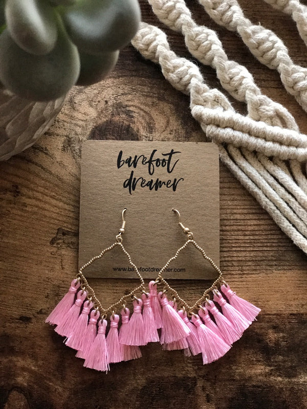 Isha Diamond Shaped Tassel Earrings - Pink - Barefoot Dreamer
