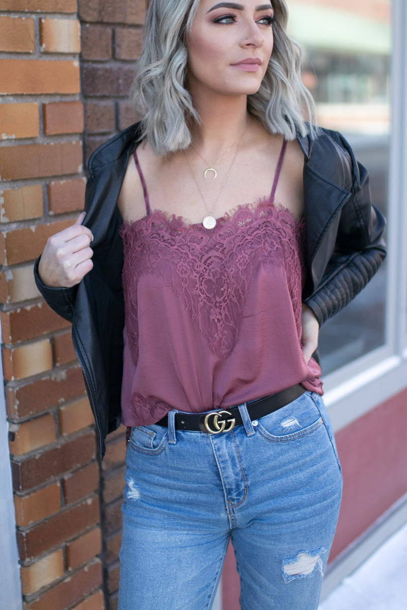 Chloe Lace Detailed Cami- Cranberry - Barefoot Dreamer