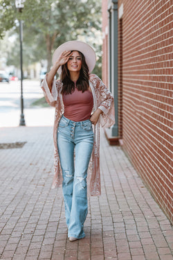 Grace and Grit Mid-Rise Distressed Flare Denim- Medium Wash