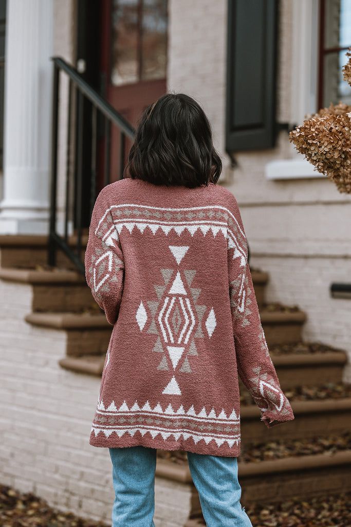 Roam Wild Aztec Print Fuzzy Knit Cardigan- Marsala – Wild Dreamer