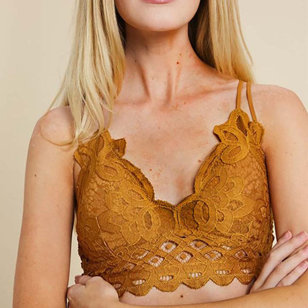 Bralette - Double Strap Scalloped Lace - Mustard - Small Medium Large