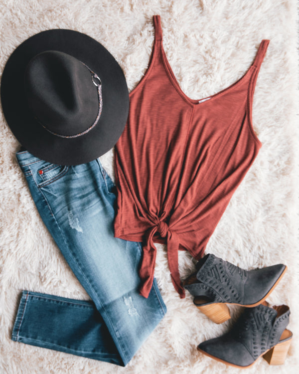 Head In The Clouds V-Neck Sleeveless Top With Front Tie - Marsala - Barefoot Dreamer
