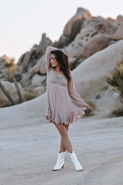 Sweet Caroline Smocked Ruffled Detail Boho Chic Dress -Taupe