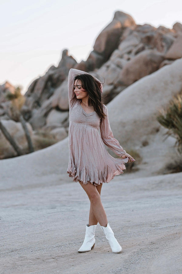Sweet Caroline Smocked Ruffled Detail Boho Chic Dress -Taupe