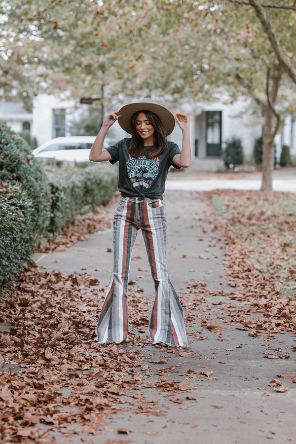 Moody Vibes Stripped Boho Bell Bottoms- Rust