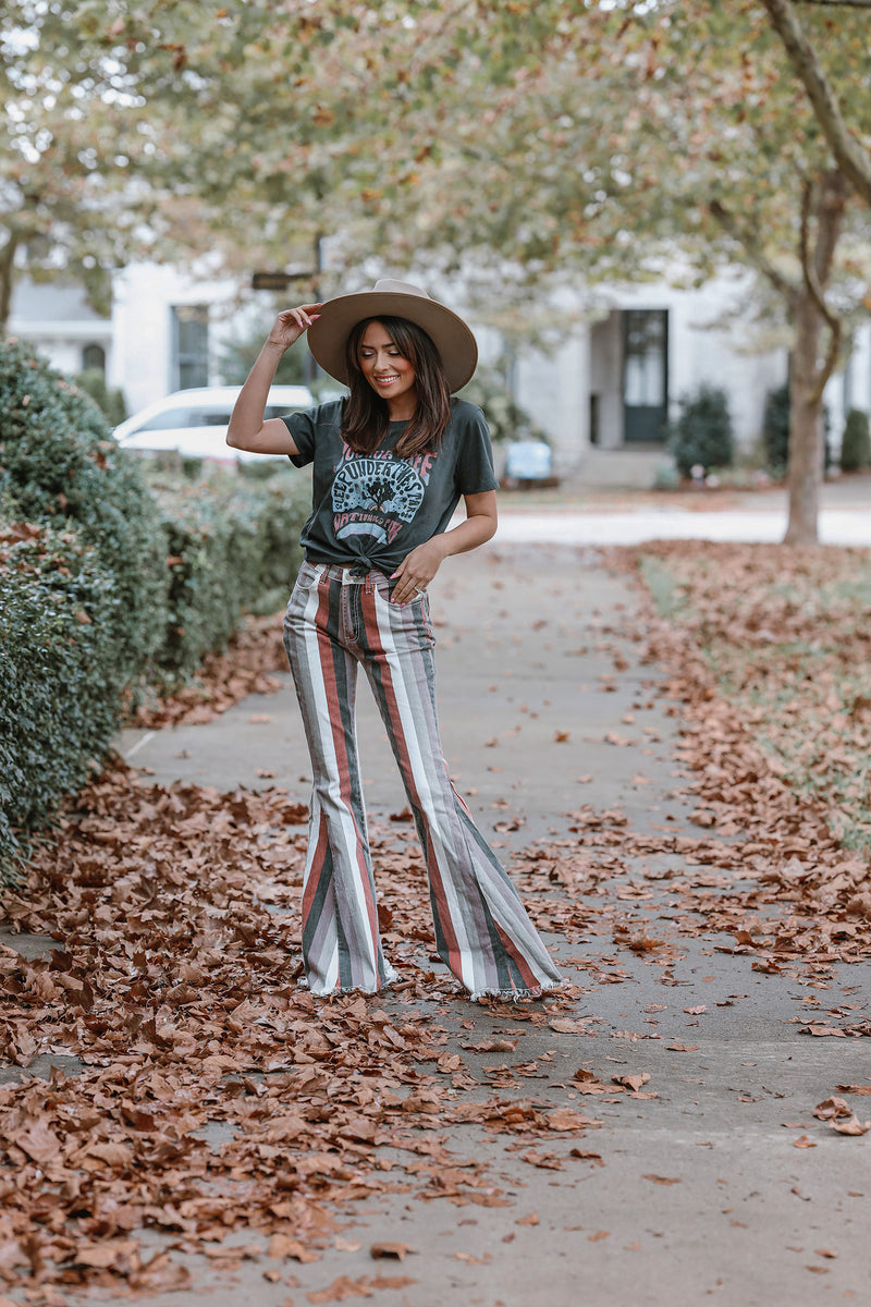 Moody Vibes Stripped Boho Bell Bottoms- Rust *RESTOCKED*