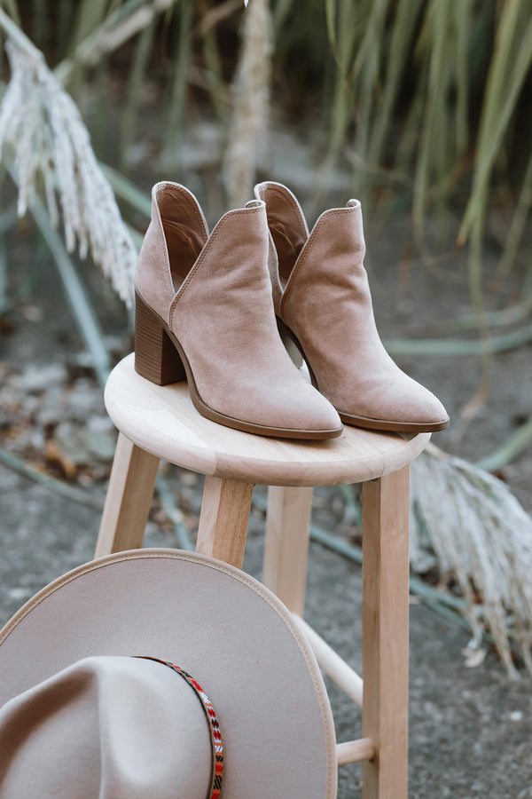 The Rynie Suede Cut Out Ankle Booties- Taupe
