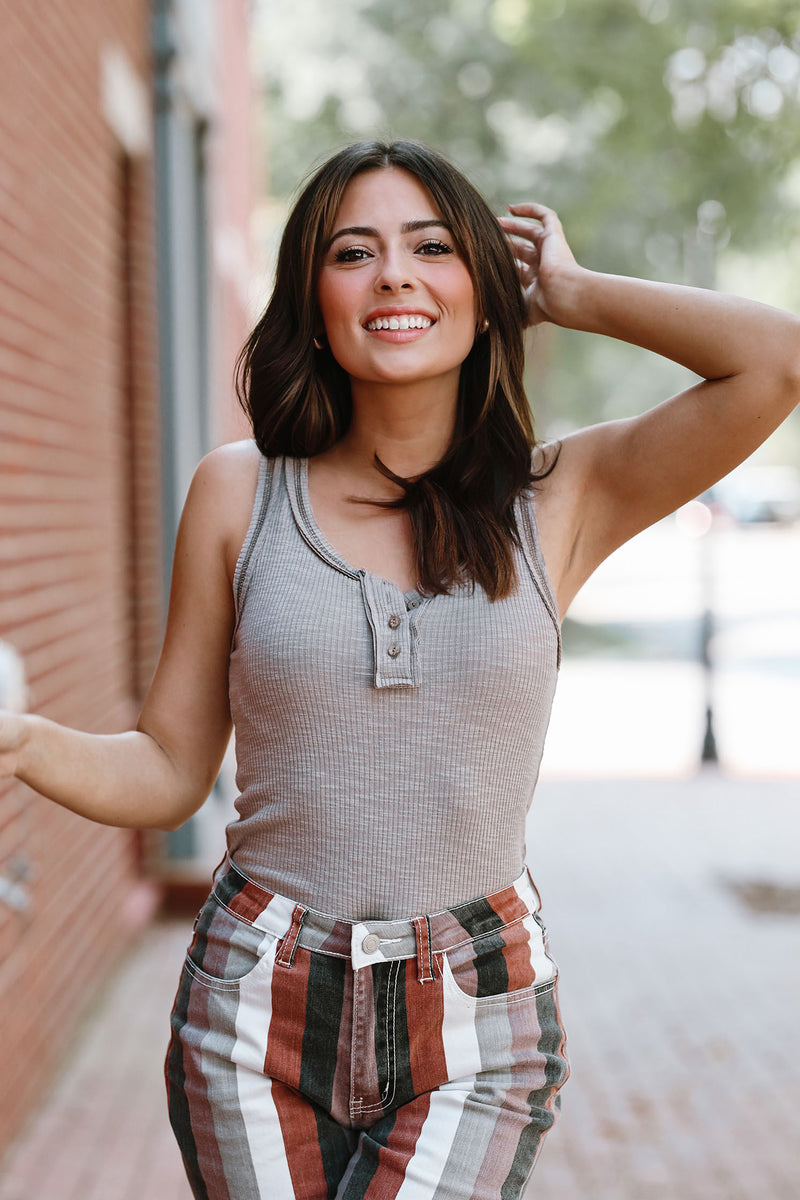The Emeila Ribbed Henley Tank Top- Taupe