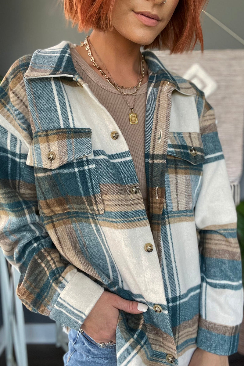 Campfire Vibes Plaid Flannel Shacket - Teal Multi