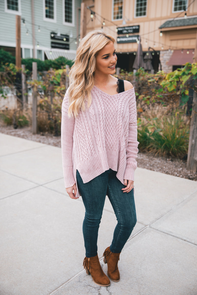 Everly Cable Knit Sweater - Blush - Barefoot Dreamer