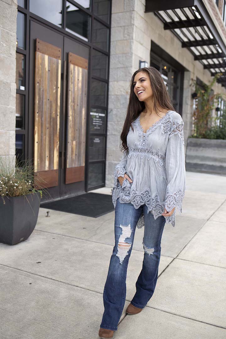 Brinley Bell Sleeve Tunic Top with Crochet Detailing - Grey - Barefoot Dreamer