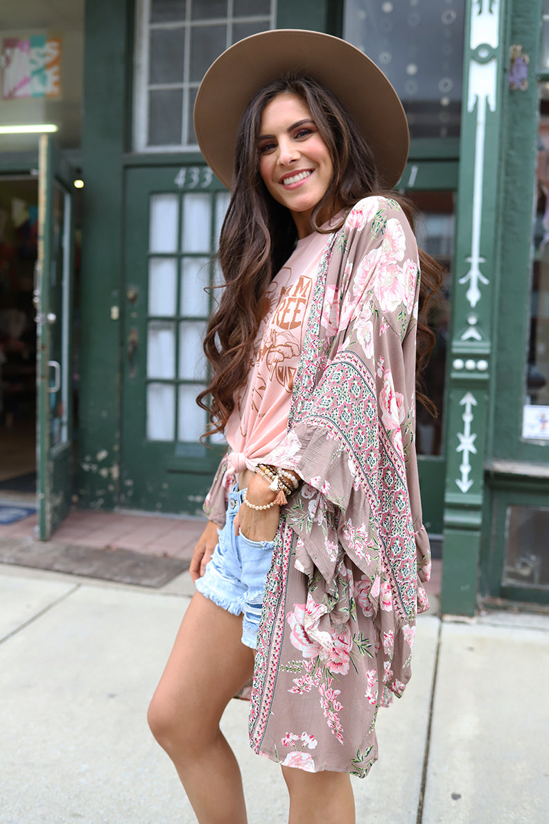 Floral Romance Ruffled Bell Sleeve Floral Kimono
