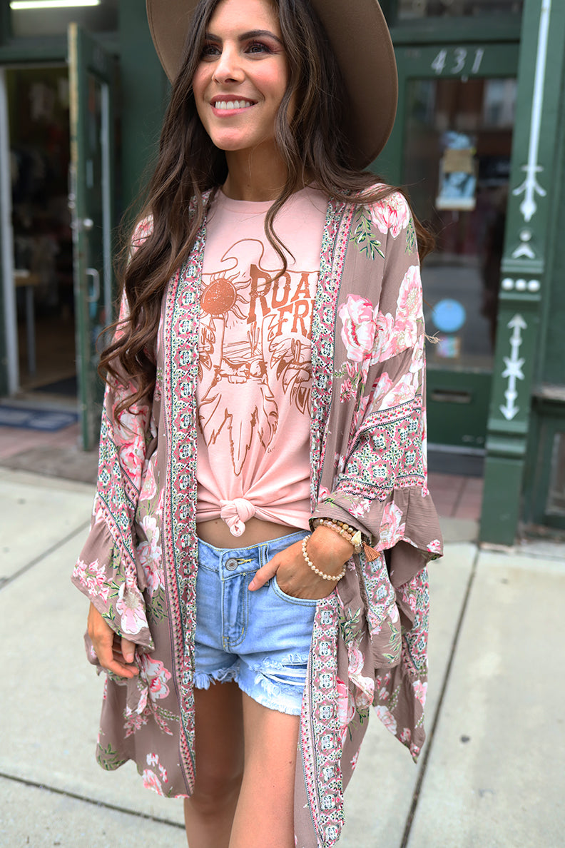 Floral Romance Ruffled Bell Sleeve Floral Kimono