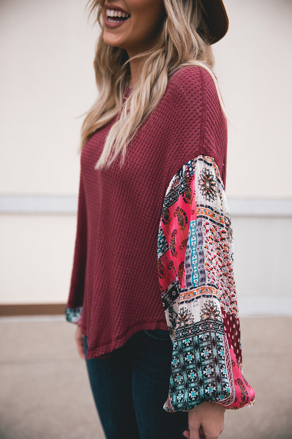 Mallory Patterned Bubble Sleeve Thermal Knit Top - Wine - Barefoot Dreamer