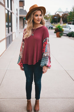 Mallory Patterned Bubble Sleeve Thermal Knit Top - Wine - Barefoot Dreamer