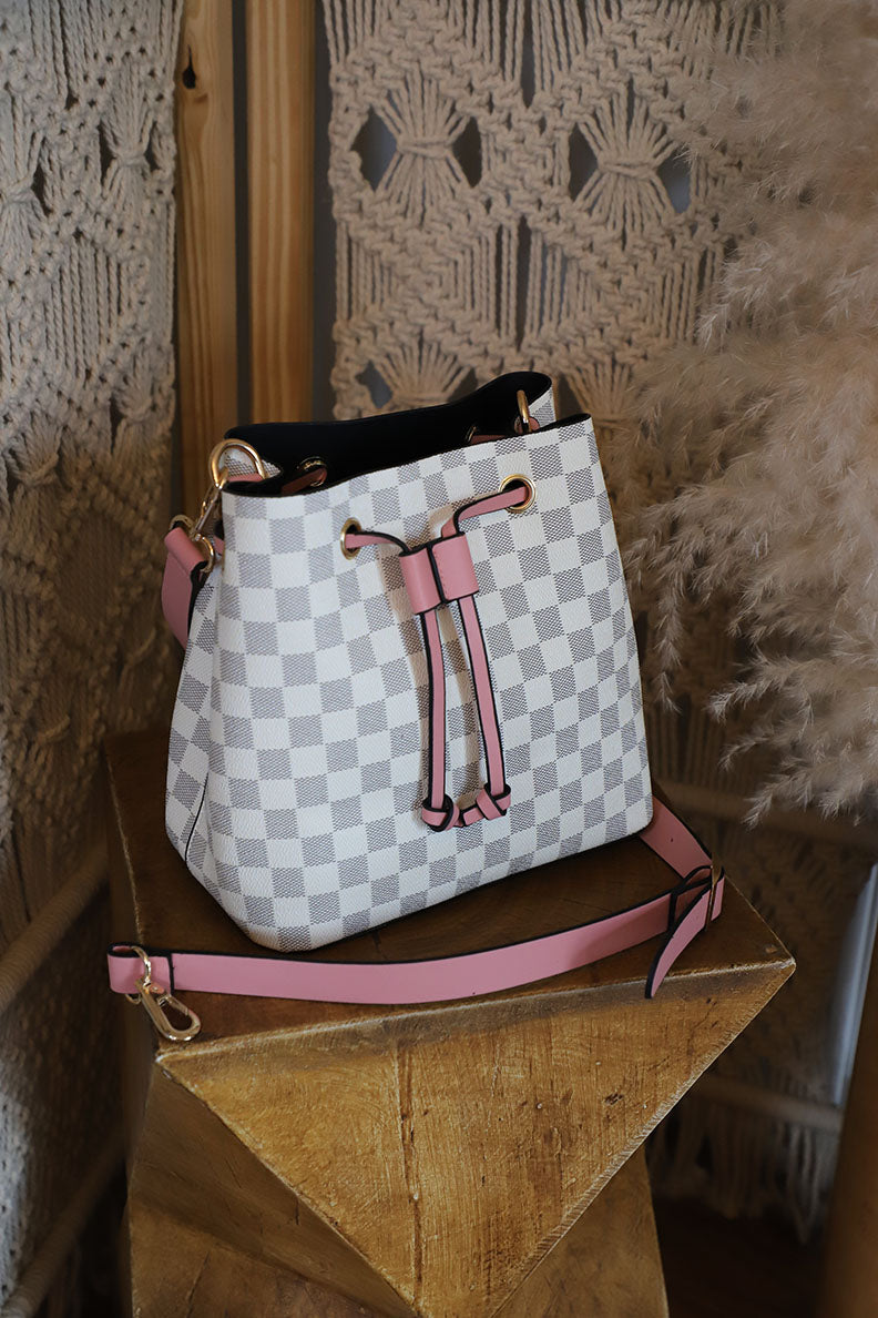 The Luxe Checkered Bucket Bag - White