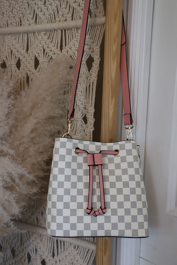 The Luxe Checkered Bucket Bag - White