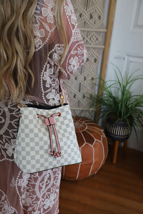 The Luxe Checkered Bucket Bag - White