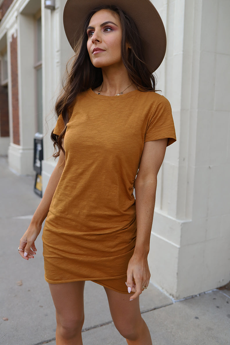 brown ruched shirt dress boohoo Women's Hammered Ruched Waist Shirt Dress