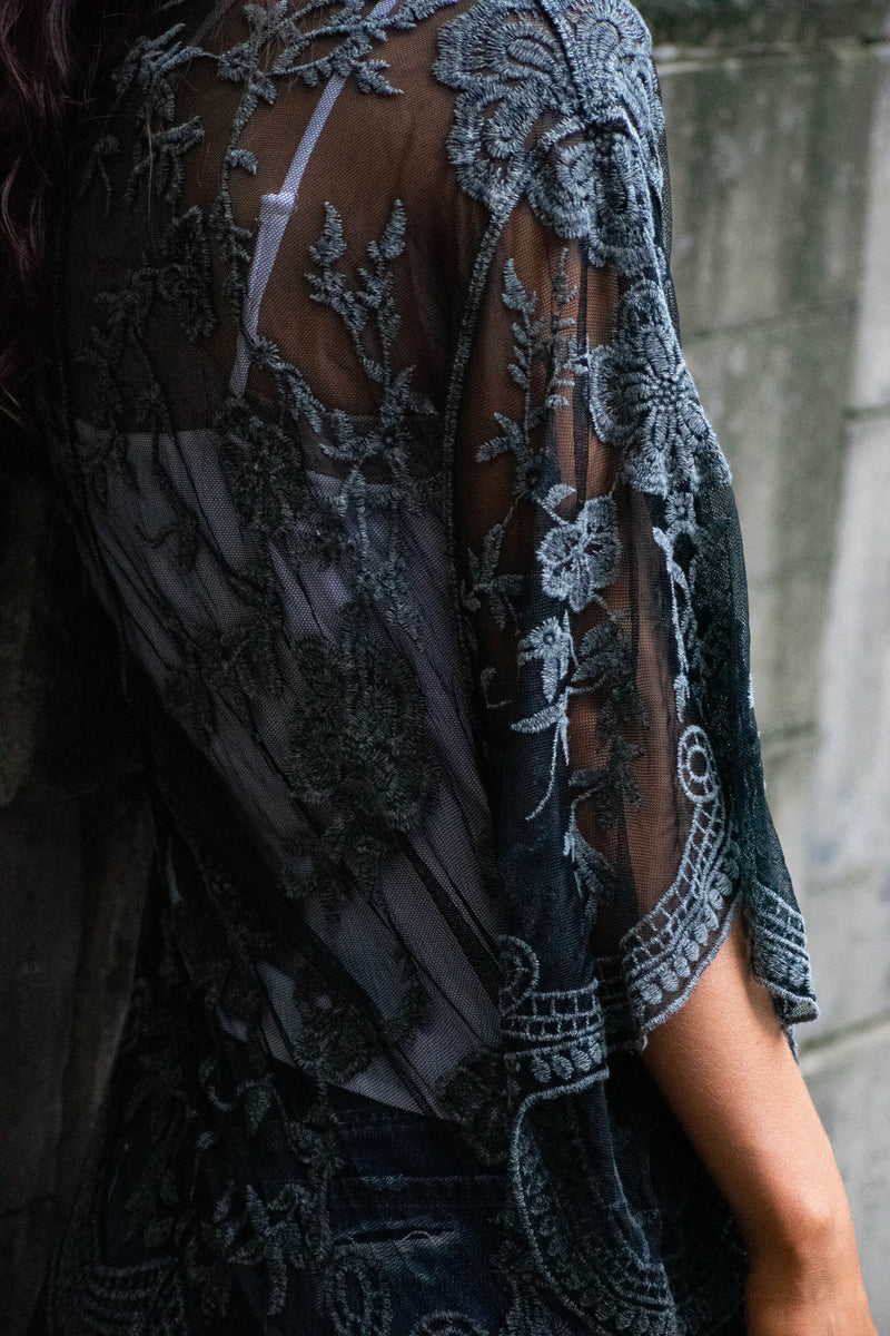 Celeste Stone Washed Lace Kimono Duster - Black - Barefoot Dreamer