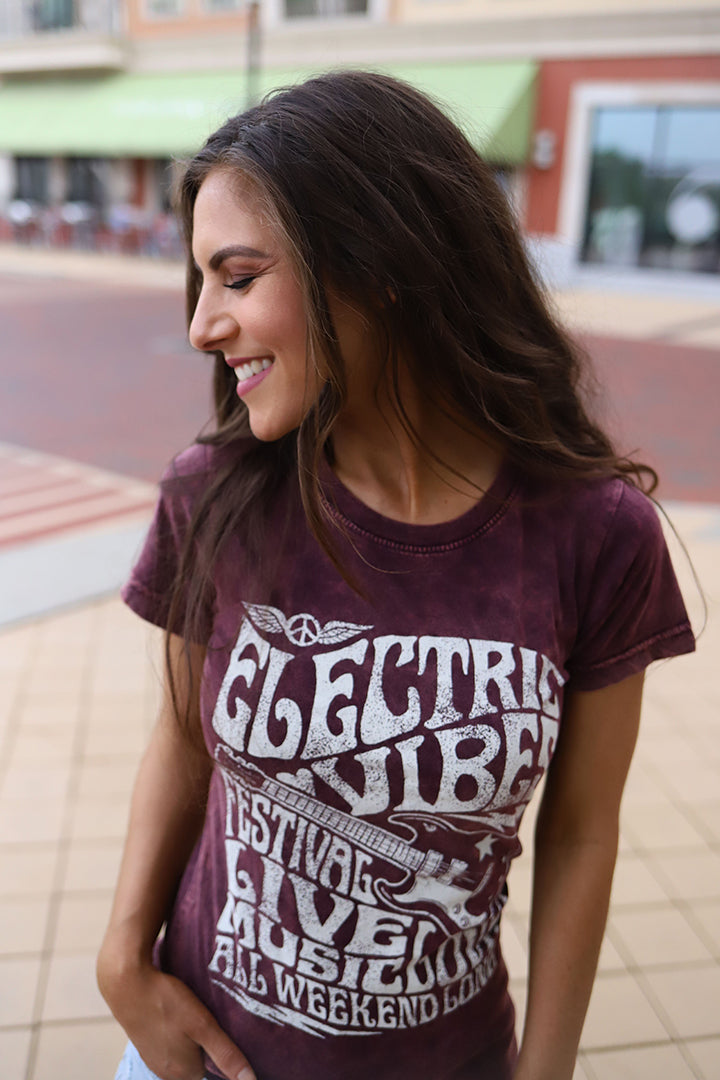 Electric Vibes Festival Graphic Tee - Burgundy - Barefoot Dreamer