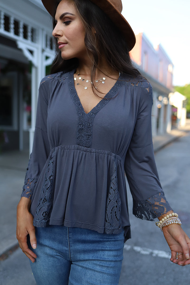 Everly Lace Detail Peasant Top - Grey - Barefoot Dreamer