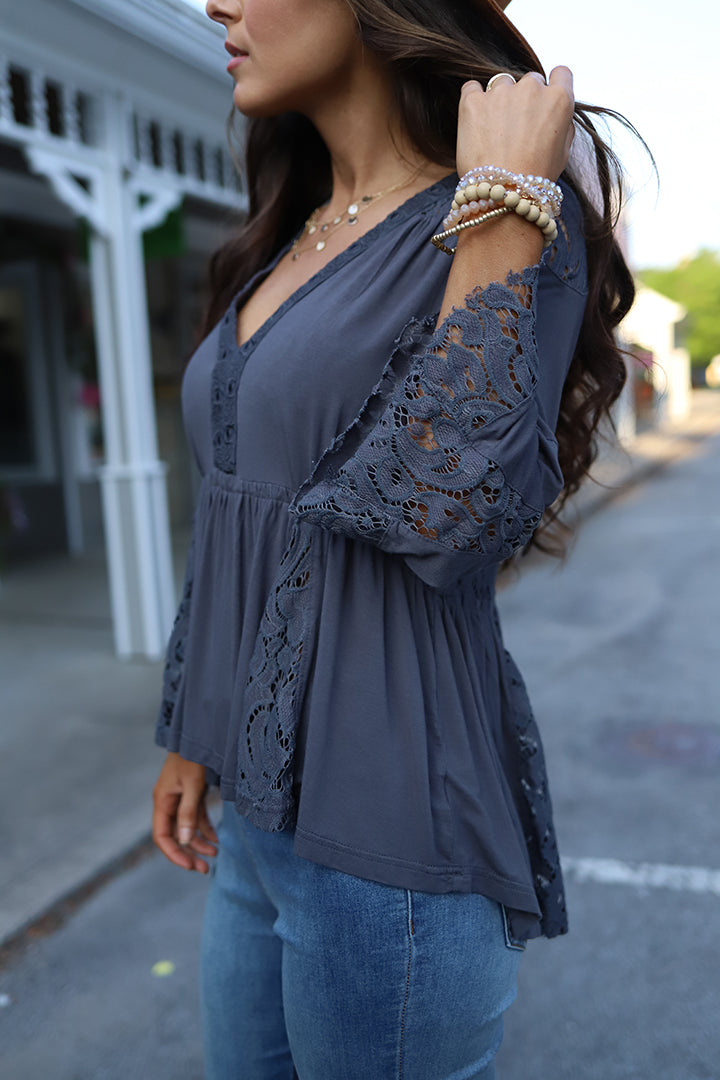 Everly Lace Detail Peasant Top - Grey - Barefoot Dreamer