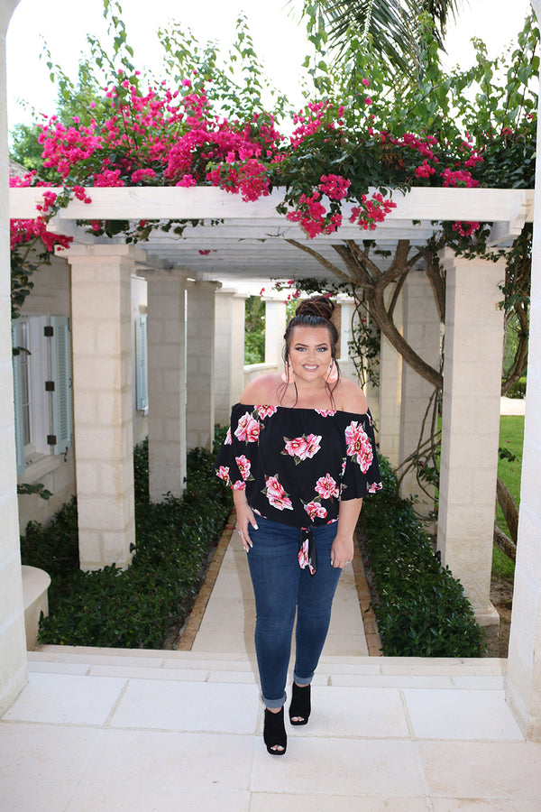 Azalea Black Floral Print Off-Shoulder Front Tie Top - Curvy - Barefoot Dreamer
