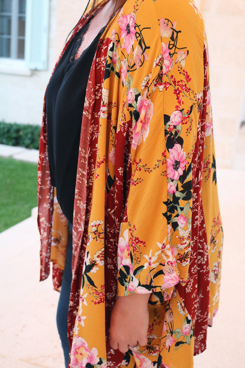 Capri Multi Patterned Boho Floral Kimono - Curvy - Barefoot Dreamer