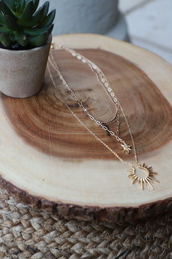 Chasing the Light Sun and Star Triple Layered Chain Link Gold Necklace
