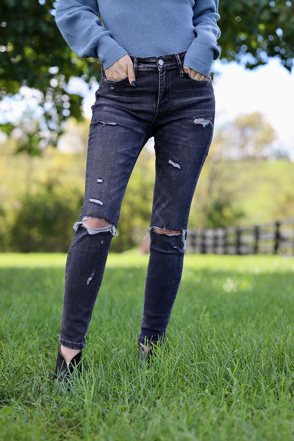 Wild Side Mid Rise Distressed Skinny Jeans- Mineral Black