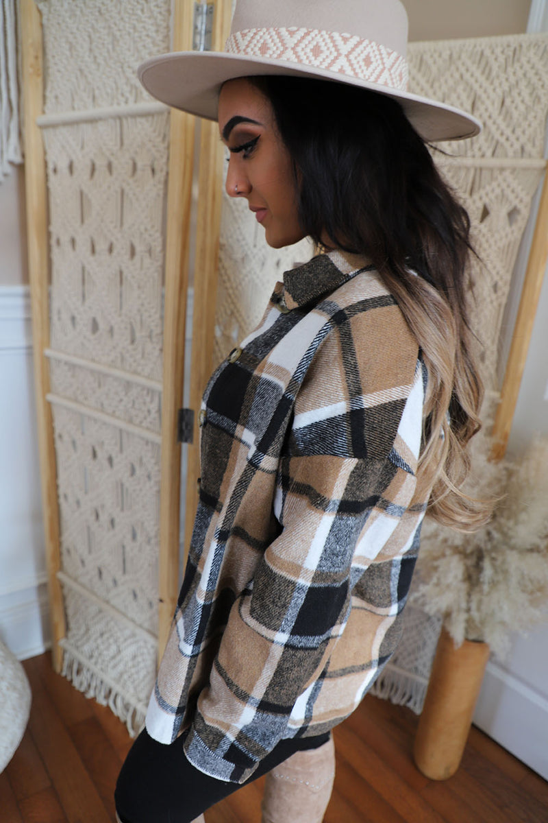 Blakely Plaid Flannel Shacket- Brown