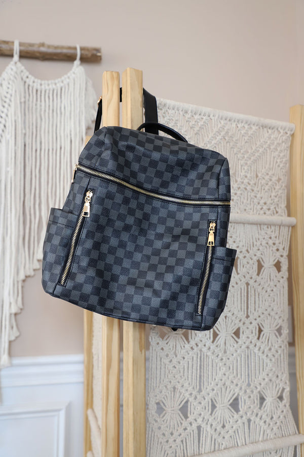 The Luxe Checkered Horizontal Zip Backpack - Black