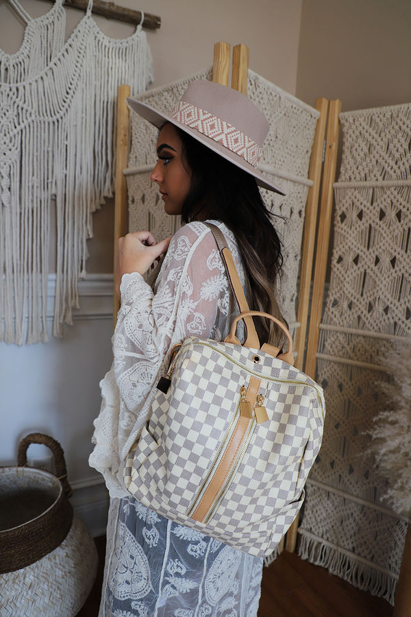 The Luxe Checkered Backpack - Cream