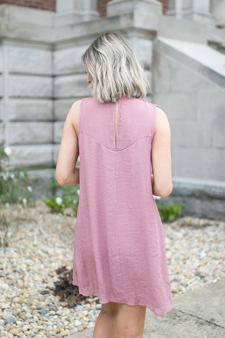 Talia Shift Dress With Crochet Neckline - Mauve - Barefoot Dreamer