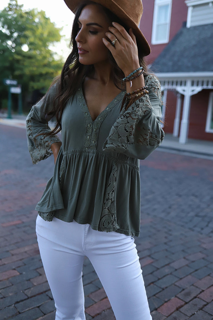 Everly Lace Detail Peasant Top - Olive - Barefoot Dreamer